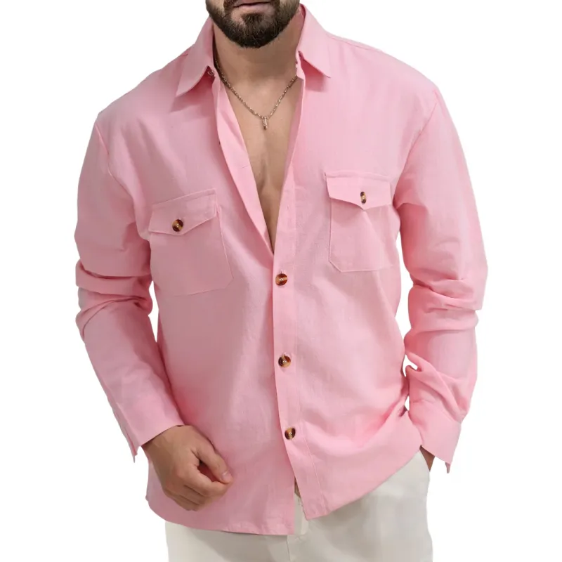 Men's Casual Cotton Linen Lapel Chest Pocket Loose Long Sleeve Shirt 95474626M sold by Manly