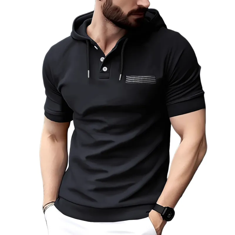 Men's Casual Cotton Patchwork Houndstooth Slim Fit Short Sleeve Hoodie 03675767M sold by Manly