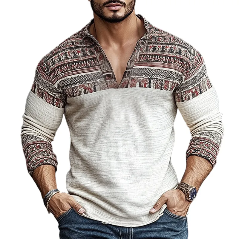 Men's Retro Printed Wrinkled V-Neck Long Sleeve T-Shirt 65754695U sold by Manly