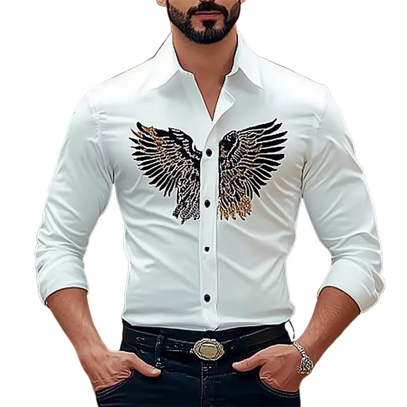 Men's Vintage Eagle Embroidery Cotton Slim Fit Long Sleeve Shirt 61726922U sold by Manly