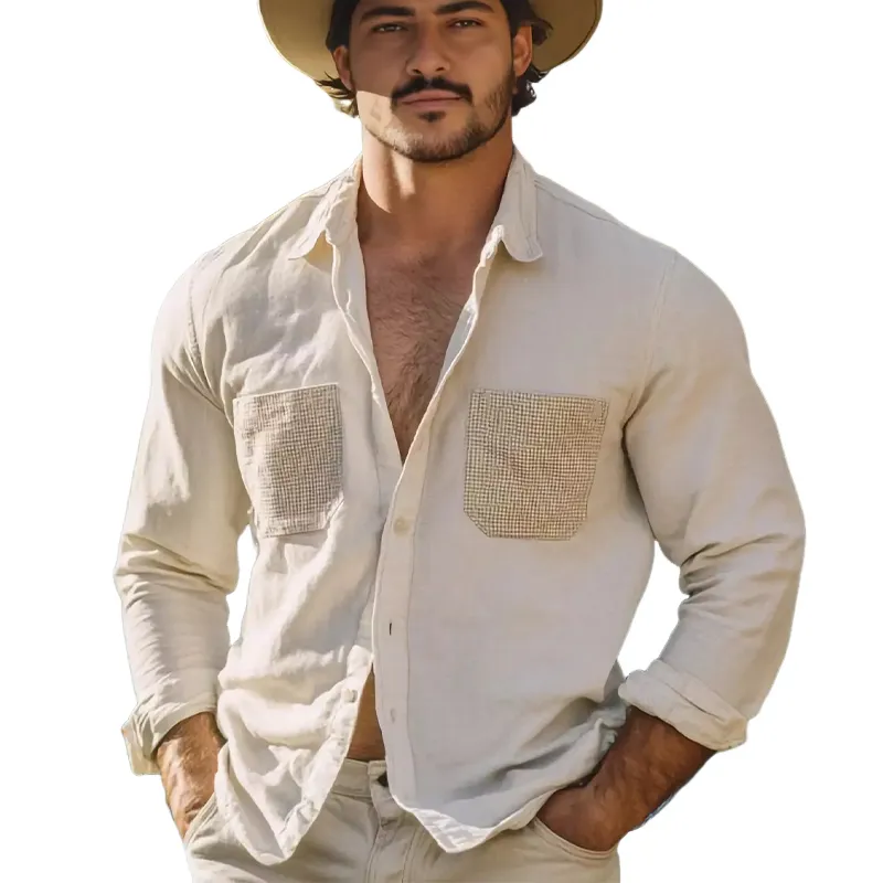 Men's Casual Loose Fit Apricot Cotton Button Long Sleeve Shirt 60848462U sold by Manly