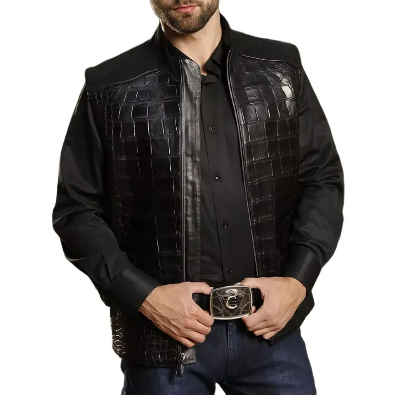 Men's Pure Black Stand Collar Crocodile Pattern Leather and Suede Patchwork Vest 38490210U sold by Manly