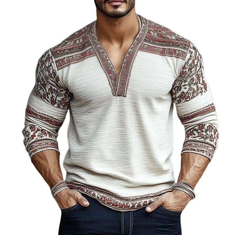Men's Retro Colorblock Printed Wrinkled V-Neck Long Sleeve T-Shirt 60002735U sold by Manly