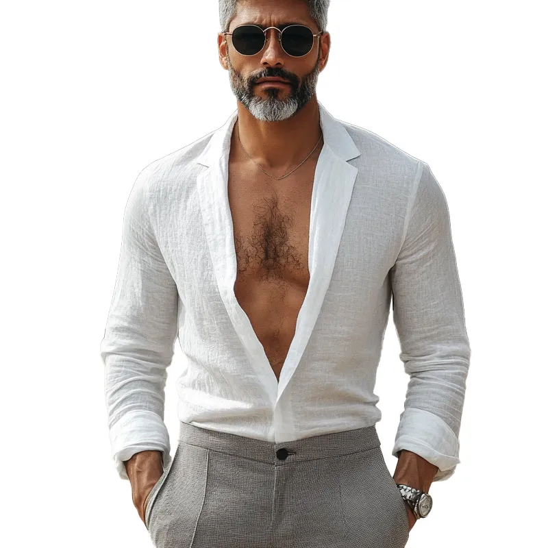 Men's cotton and linen stand collar long sleeve shirt 14012627P sold by Manly