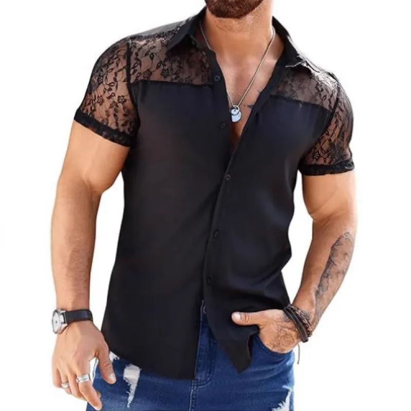 Men's Casual Lace Patchwork Lapel Slim Short Sleeve Shirt 51587591M sold by Manly