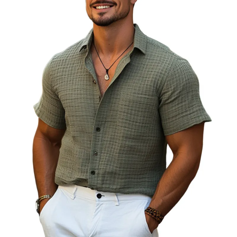 Men's Casual Cotton Linen Lapel Loose Short-sleeved Shirt 01354832M sold by Manly