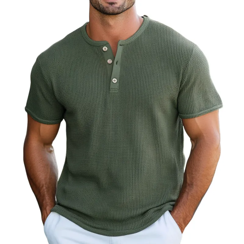 Men's Casual Waffle Cotton Henley Collar Loose Short Sleeve T-Shirt 60083641M sold by Manly