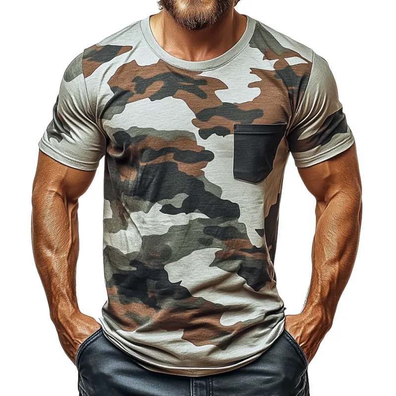 Men's Casual Camouflage Patchwork Round Neck Slim Fit Short Sleeve T-Shirt 69247111M sold by Manly
