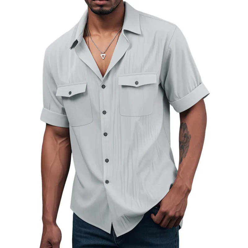 Men's Casual Cotton Linen Cuban Collar Chest Pocket Short Sleeve Shirt 02725682M sold by Manly