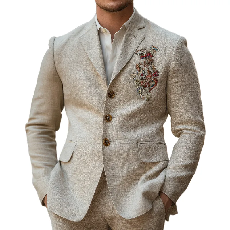 Men's Casual Comfort Linen Blend Embroidered Lapel Single Breasted Blazer 00790518F sold by Manly