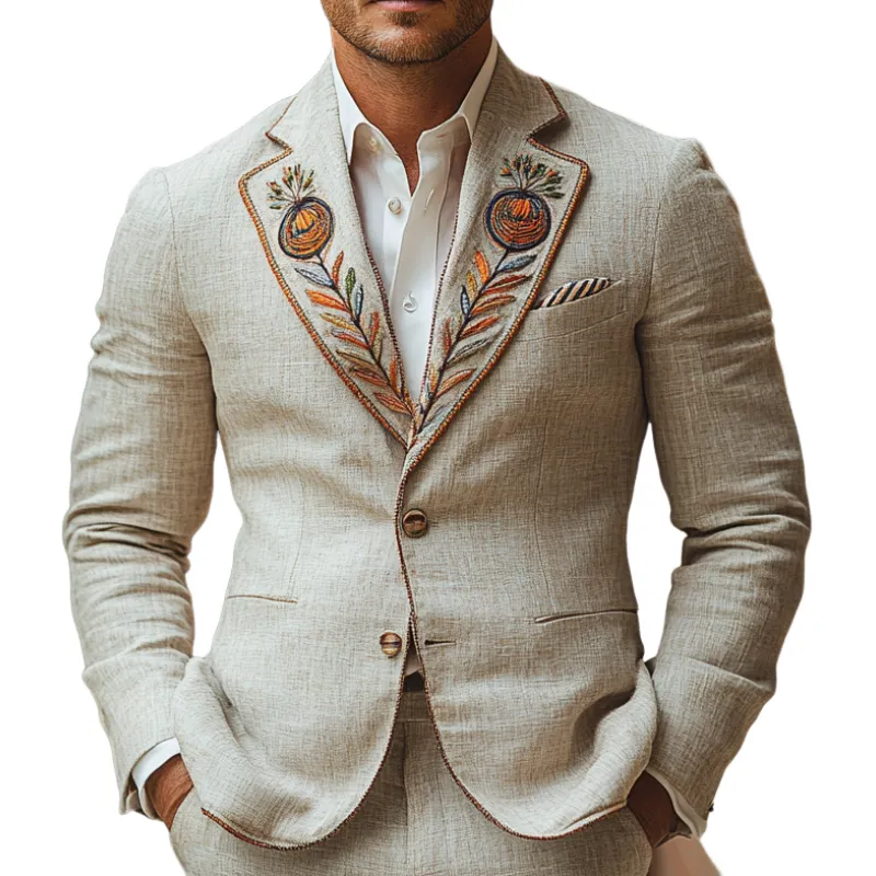 Men's Casual Comfort Linen Blend Embroidered Lapel Single Breasted Blazer 99098318F sold by Manly