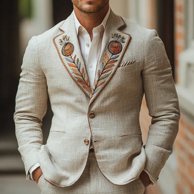 Men's Casual Comfort Linen Blend Embroidered Lapel Single Breasted Blazer 99098318F sold by Manly product image thumbnail 3