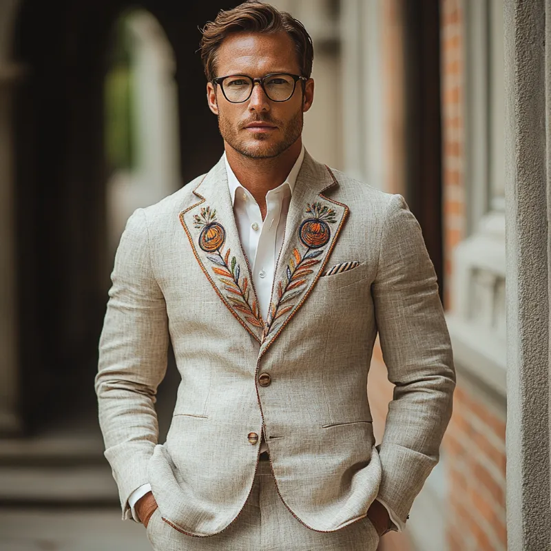 Men's Casual Comfort Linen Blend Embroidered Lapel Single Breasted Blazer 99098318F sold by Manly product image thumbnail 2