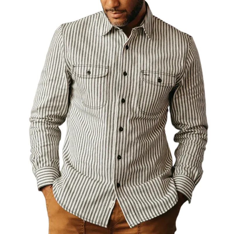 Men's Fashion Striped Lapel Chest Pocket Long Sleeve Shirt 39541271Z sold by Manly