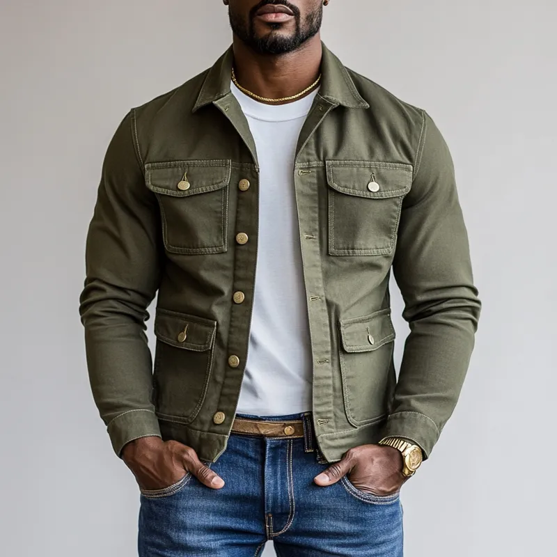 Men's Solid Color Lapel Multi-pocket Single Breasted Cargo Jacket 77027058Z sold by Manly product image thumbnail 2