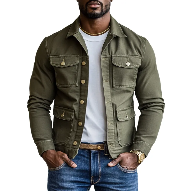 Men's Solid Color Lapel Multi-pocket Single Breasted Cargo Jacket 77027058Z sold by Manly