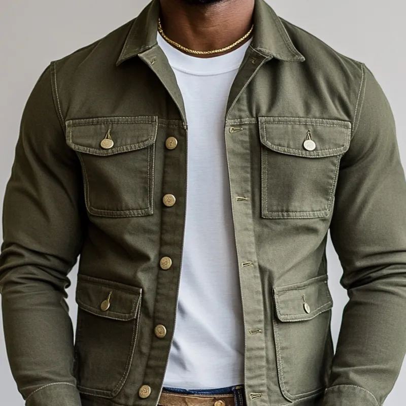 Men's Solid Color Lapel Multi-pocket Single Breasted Cargo Jacket 77027058Z sold by Manly product image thumbnail 3