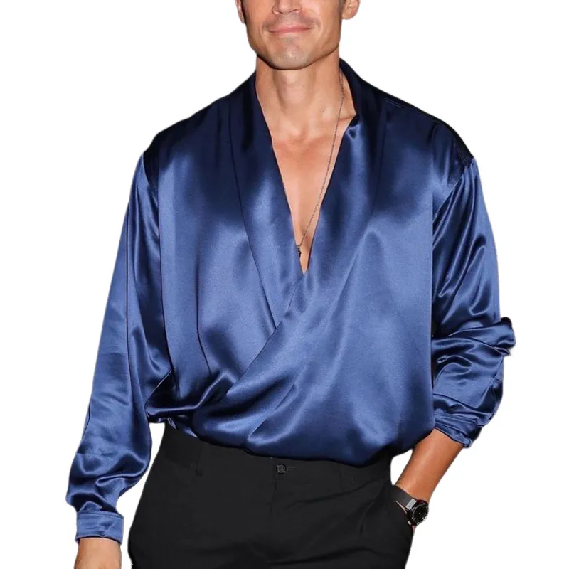 Men's Fashion Solid Satin V Neck Long Sleeve Shirt 74501806Z sold by Manly