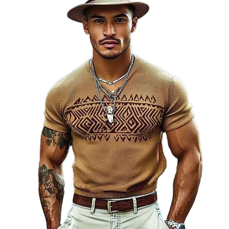 Men's Knitted V-neck Jacquard Short-sleeved T-shirt 93358887X sold by Manly product image thumbnail 4