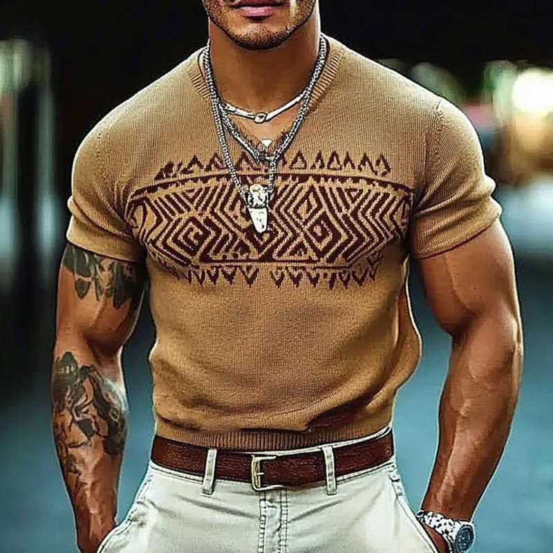 Men's Knitted V-neck Jacquard Short-sleeved T-shirt 93358887X sold by Manly product image thumbnail 2