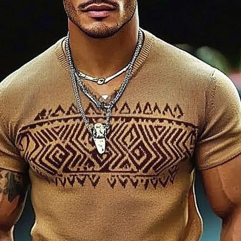 Men's Knitted V-neck Jacquard Short-sleeved T-shirt 93358887X sold by Manly product image thumbnail 3