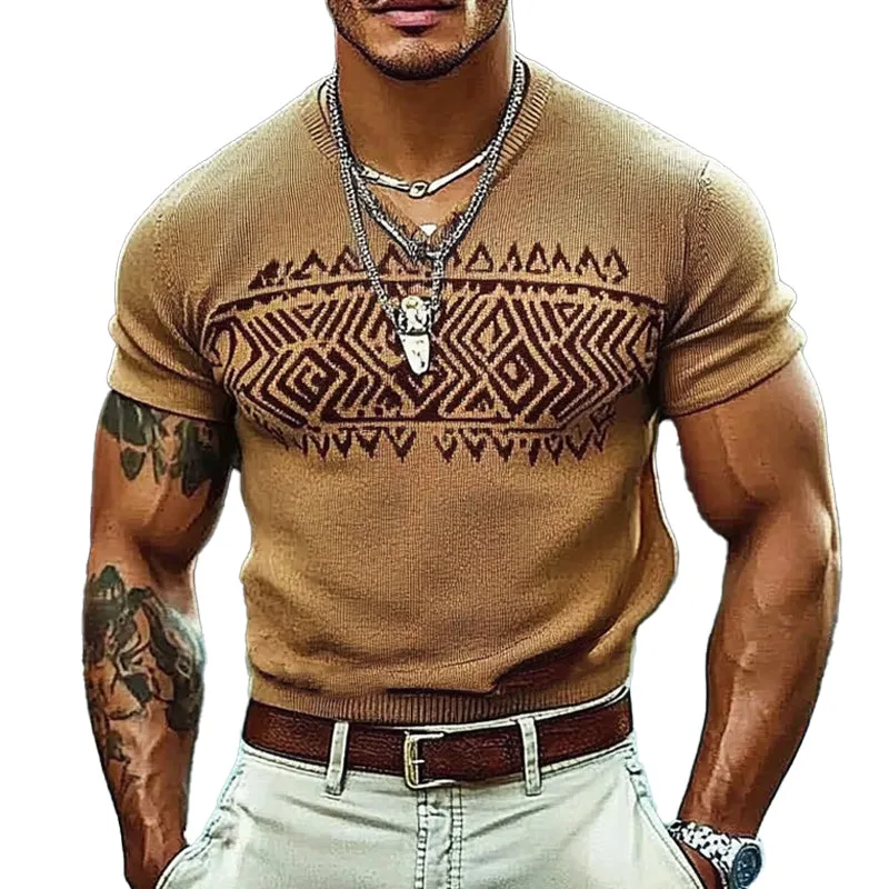 Men's Knitted V-neck Jacquard Short-sleeved T-shirt 93358887X sold by Manly