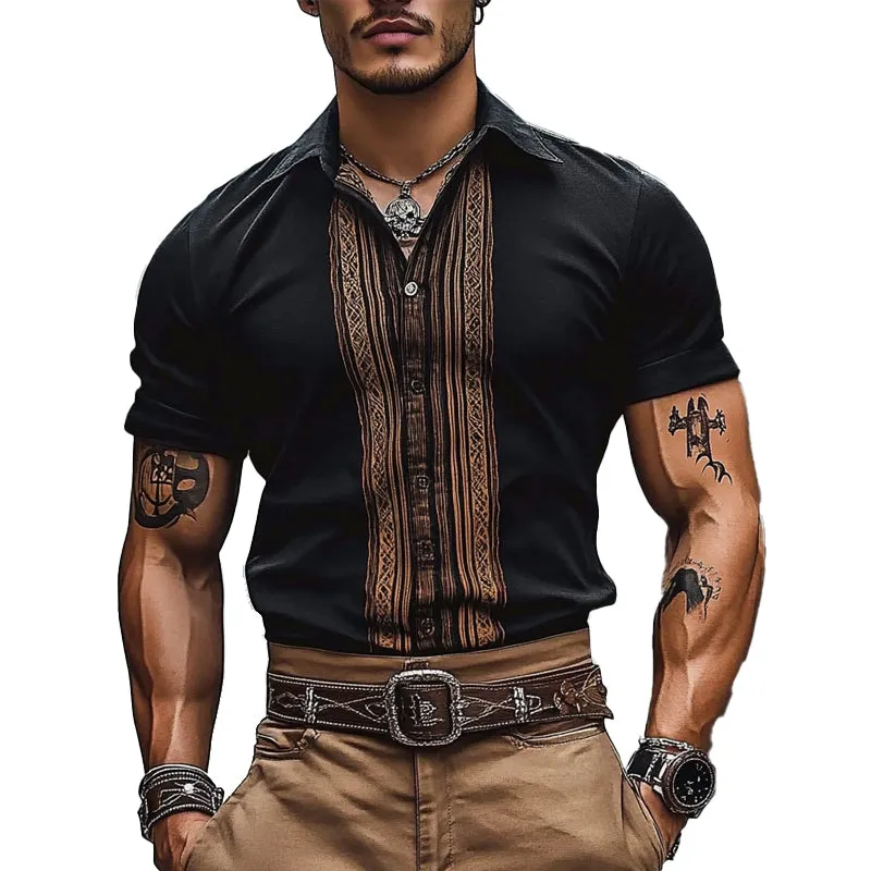 Men's Stripe Print Lapel Short Sleeve Shirt 25528078X sold by Manly