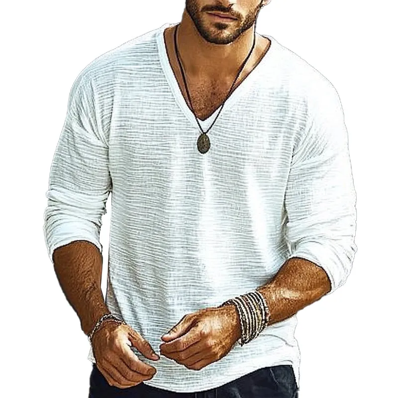 Men's Loose V-neck Textured Long Sleeve T-shirt 34627540X sold by Manly