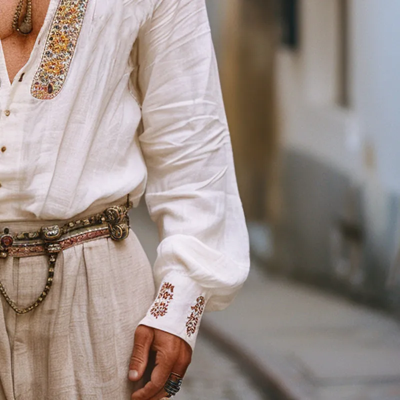 Men's Loose Vintage Embroidered Stand Collar Long Sleeve Shirt 70212966X sold by Manly product image thumbnail 3