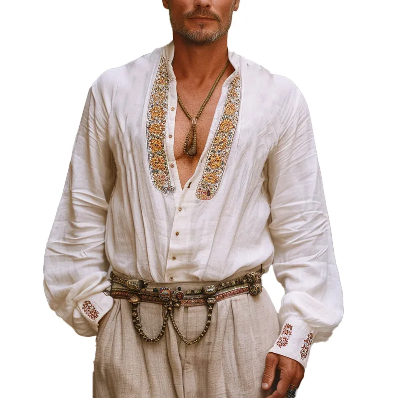 Men's Loose Vintage Embroidered Stand Collar Long Sleeve Shirt 70212966X sold by Manly