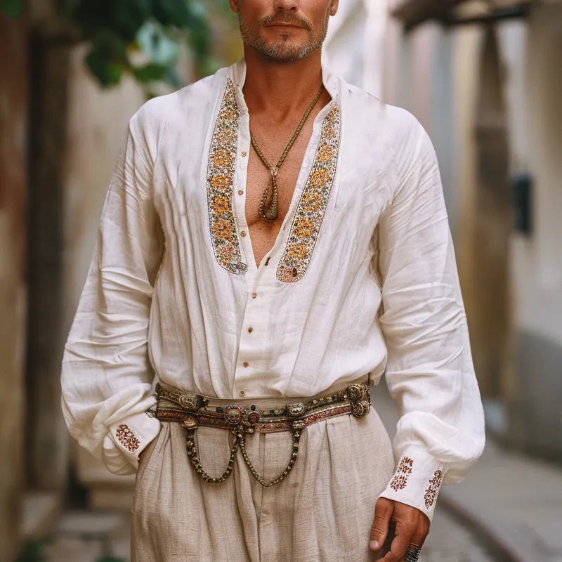 Men's Loose Vintage Embroidered Stand Collar Long Sleeve Shirt 70212966X sold by Manly product image thumbnail 2