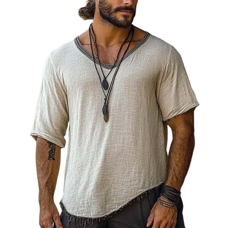 Men's Vintage V Neck Tassel Short Sleeve T-Shirt 82664012X sold by Manly