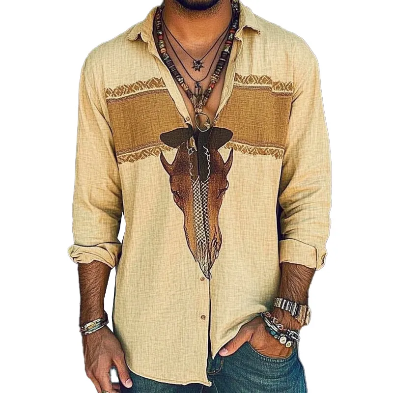 Men's Vintage Print Lapel Long Sleeve Shirt 80031200X sold by Manly