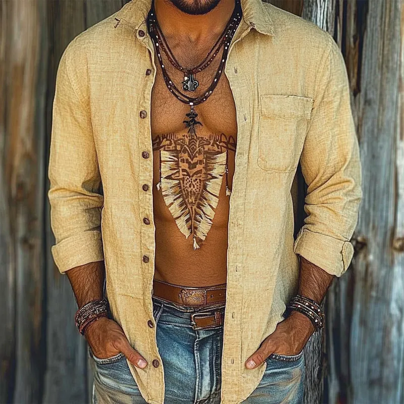 Men's Cotton and Linen Lapel Long-sleeved Shirt 28418843X sold by Manly product image thumbnail 2