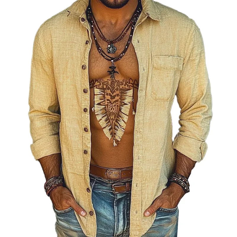 Men's Cotton and Linen Lapel Long-sleeved Shirt 28418843X sold by Manly