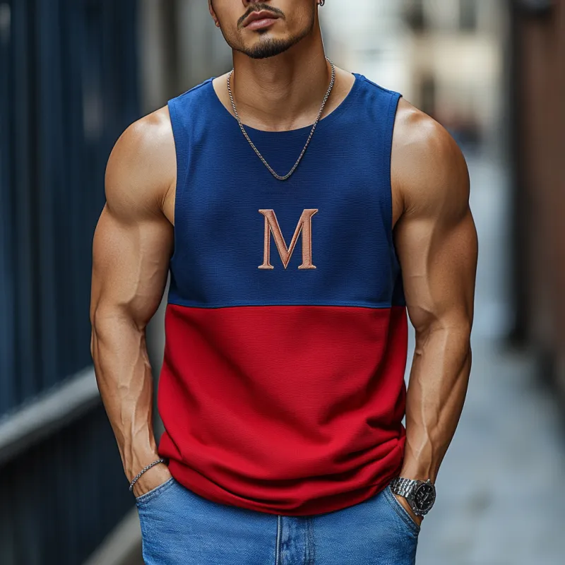 Men's Casual Contrast Cotton Patchwork Letter Embroidered Slim Fit Tank Top 02804815M sold by Manly product image thumbnail 2
