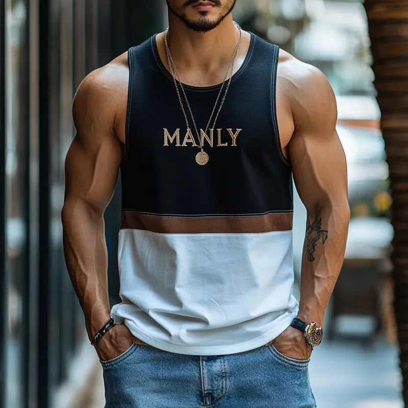 Men's Casual Contrast Cotton Patchwork Letter Embroidered Slim Fit Tank Top 47542790M sold by Manly product image thumbnail 2
