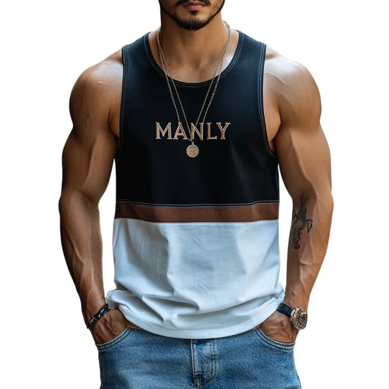 Men's Casual Contrast Cotton Patchwork Letter Embroidered Slim Fit Tank Top 47542790M sold by Manly