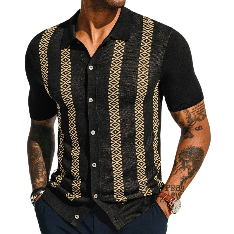 Men's Casual Geometric Jacquard Lapel Single-breasted Slim Fit Short-sleeved Sweater 59253713M sold by Manly