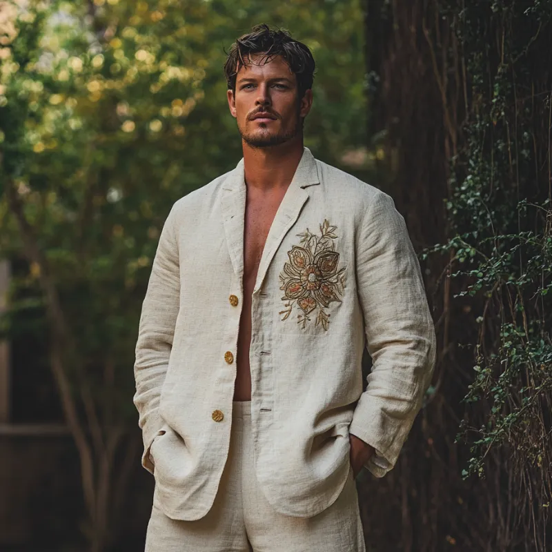 Men's Casual Comfort Linen Blend Embroidered Lapel Single Breasted Blazer 66134723F sold by Manly product image thumbnail 2