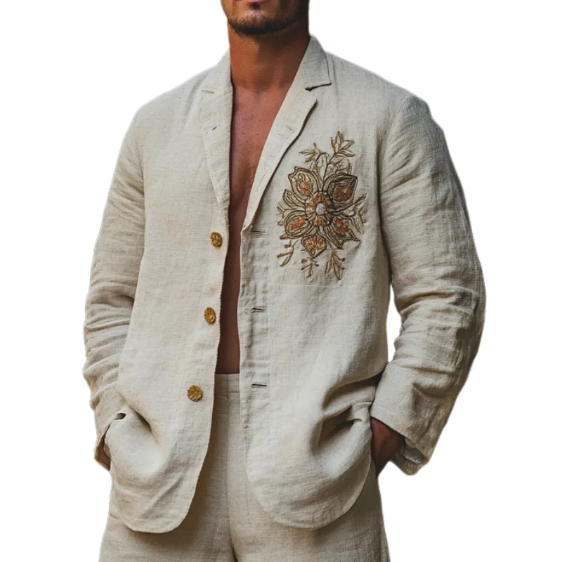 Men's Casual Comfort Linen Blend Embroidered Lapel Single Breasted Blazer 66134723F sold by Manly