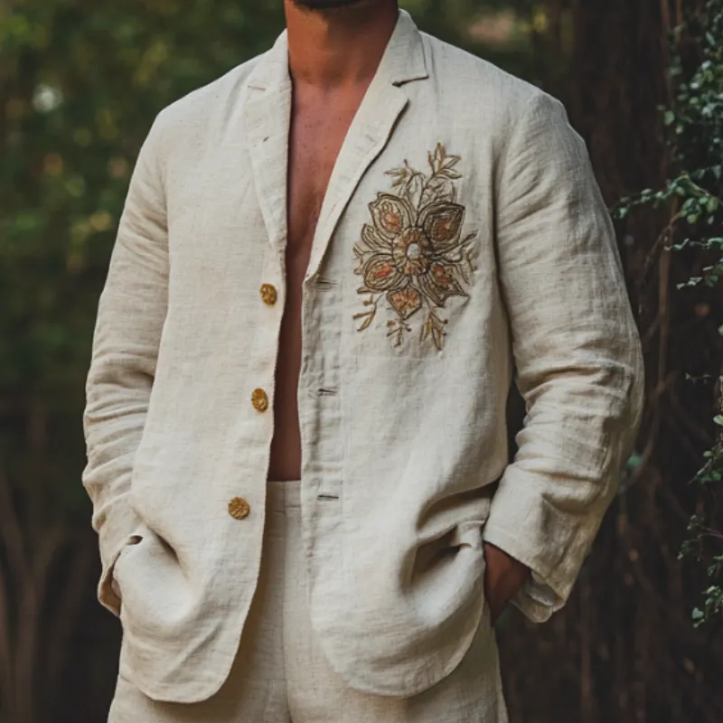 Men's Casual Comfort Linen Blend Embroidered Lapel Single Breasted Blazer 66134723F sold by Manly product image thumbnail 3