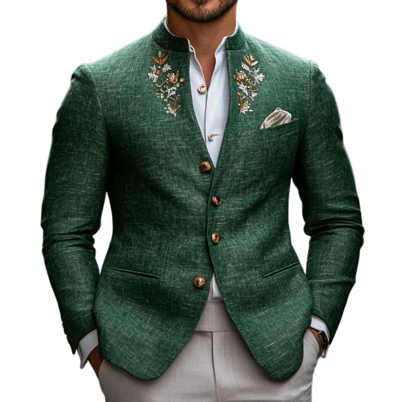 Men's Casual and Comfortable Linen Blend Embroidered Stand Collar Single Breasted Blazer 64121023F sold by Manly