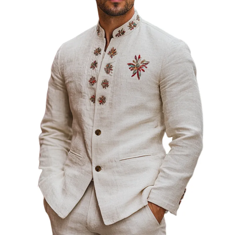 Men's Casual and Comfortable Linen Blend Embroidered Stand Collar Single Breasted Blazer 62069558F sold by Manly