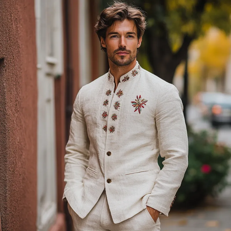 Men's Casual and Comfortable Linen Blend Embroidered Stand Collar Single Breasted Blazer 62069558F sold by Manly product image thumbnail 2