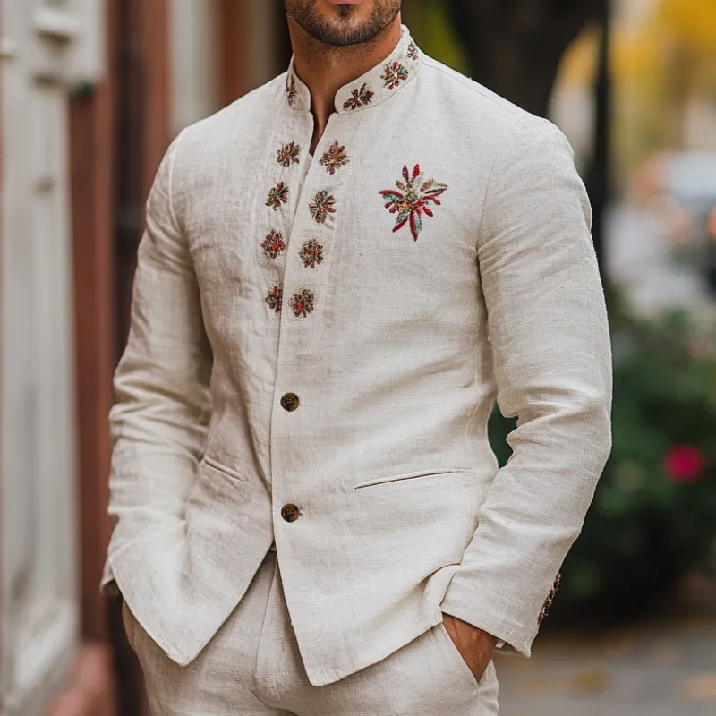 Men's Casual and Comfortable Linen Blend Embroidered Stand Collar Single Breasted Blazer 62069558F sold by Manly product image thumbnail 3