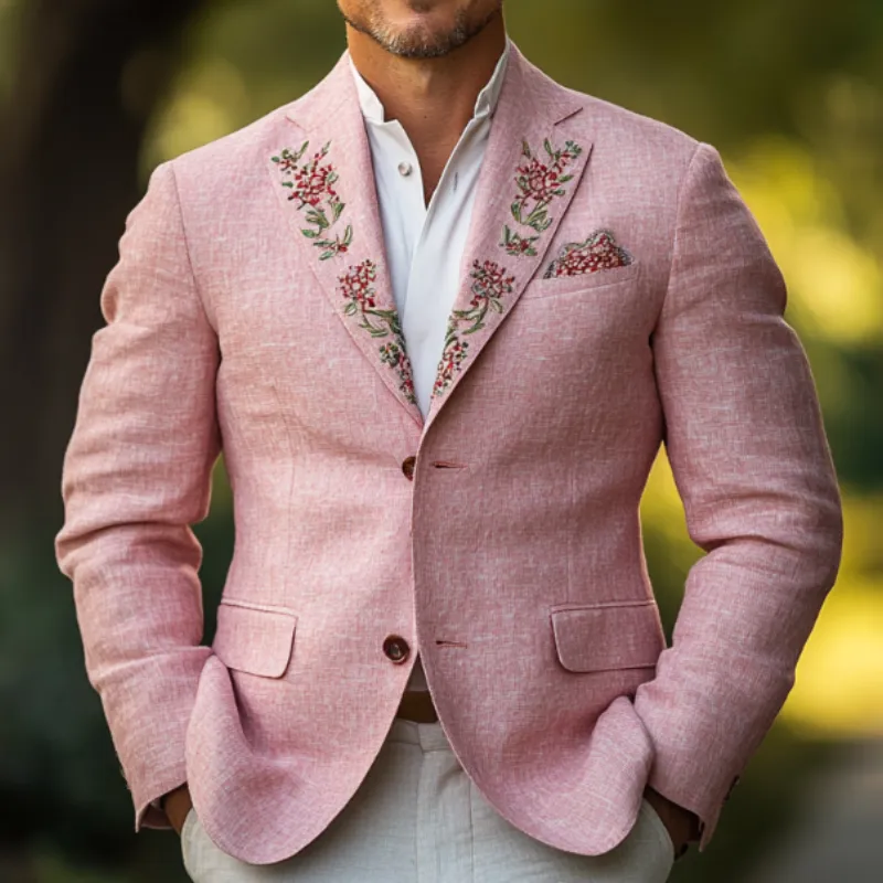 Men's Casual Comfort Linen Blend Embroidered Lapel Single Breasted Blazer 41619299F sold by Manly product image thumbnail 3