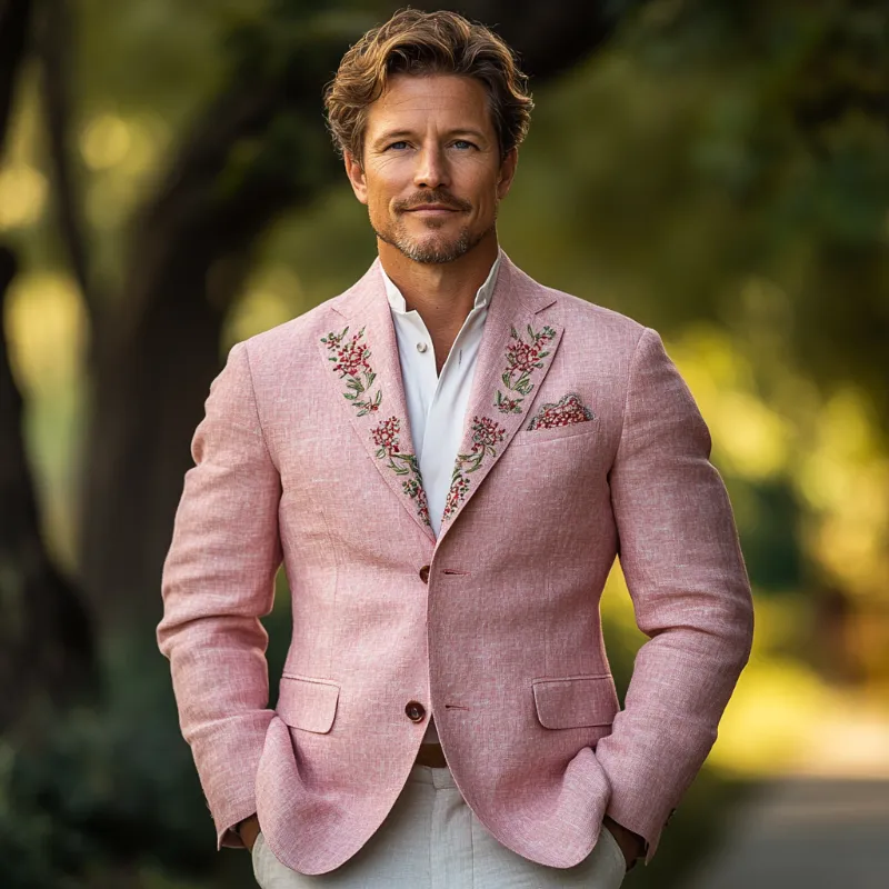 Men's Casual Comfort Linen Blend Embroidered Lapel Single Breasted Blazer 41619299F sold by Manly product image thumbnail 2