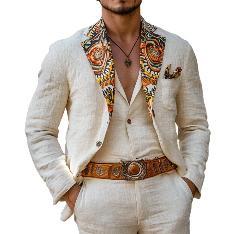 Men's Stylish Casual Linen Blend Printed Lapel Single Breasted Blazer 03730952F sold by Manly