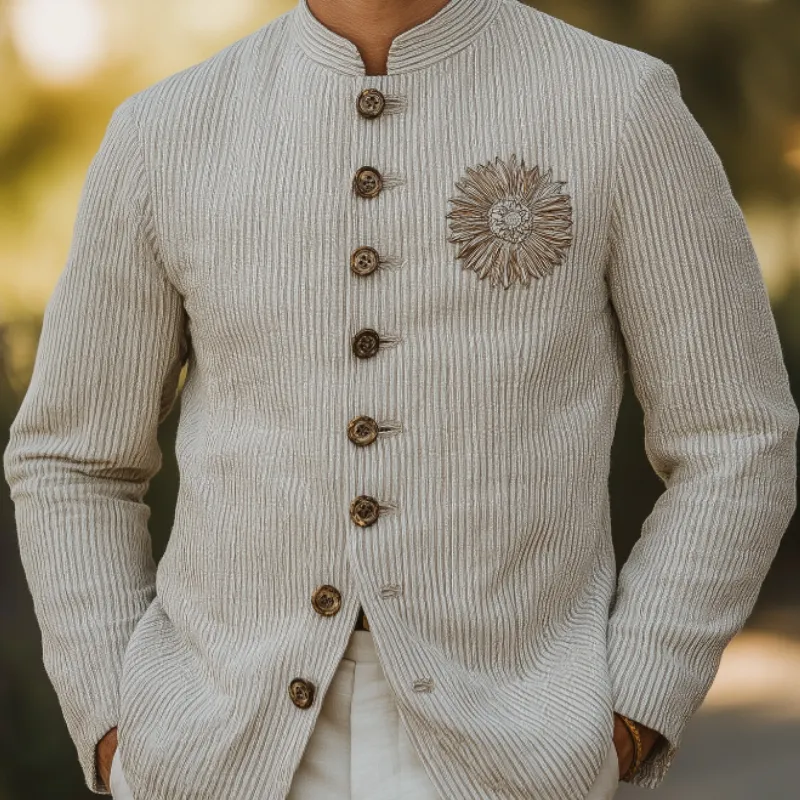 Men's Casual Comfortable Ribbed Embroidered Stand Collar Single Breasted Blazer 77773720F sold by Manly product image thumbnail 3